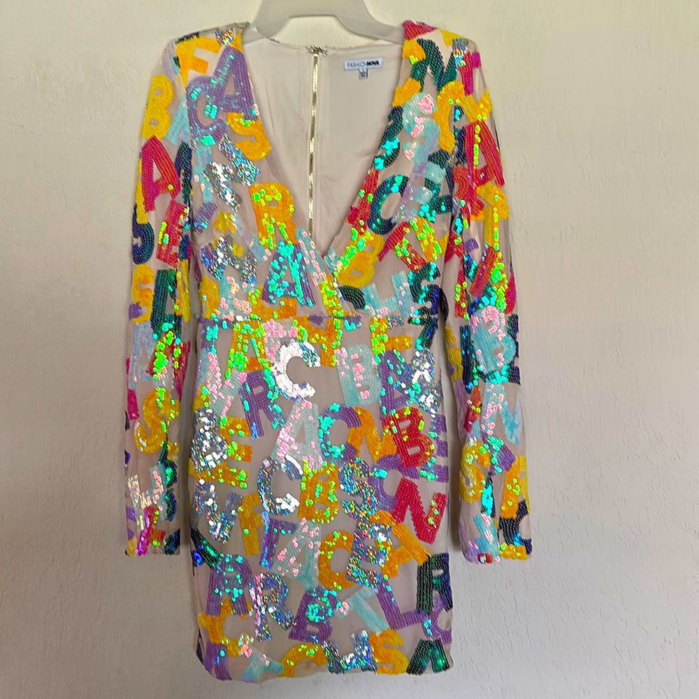Fashion Nova Spell it Out Sequin Mini Dress size small, multi-color
